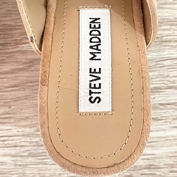 Steve Madden Sandals Slides Heels 6 Chance Tan Pink Taupe Stone Suede Leather - Picture 10 of 11